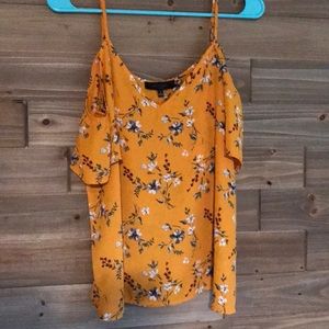 Mustard floral cold shoulder top